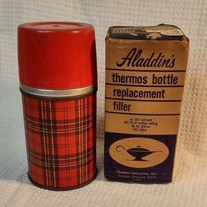 Vtg Aladdin Half Pint Plaid Thermos and Replacement Bottle